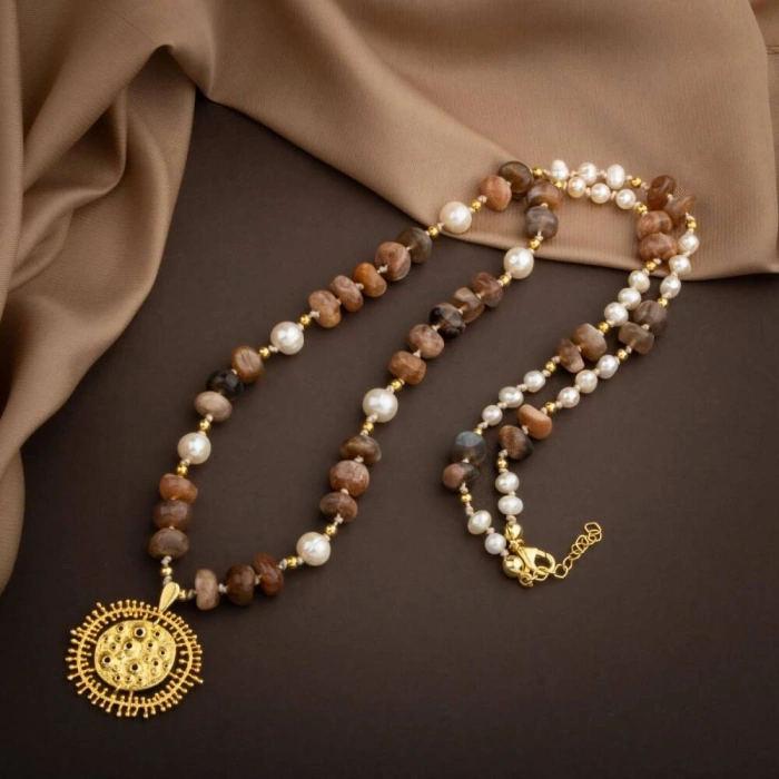 Güneş Taşı-İnci Doğal Taş Gümüş Tasarım Kolye - 60cm