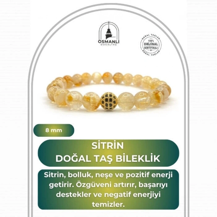 Hakiki Doğal Sertifikalı Sitrin Doğal Taş Bileklik Zirkon Aparatlı 8mm