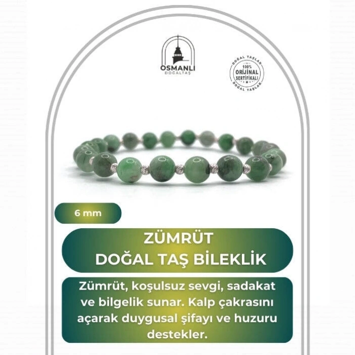 Hakiki Doğal Sertifikalı Zümrüt Doğal Taş Küçük Gümüş Aparatlı Misinalı Bileklik 6mm