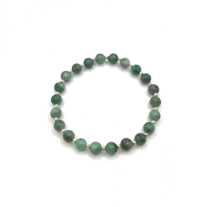 Hakiki Doğal Sertifikalı Zümrüt Doğal Taş Küçük Gümüş Aparatlı Misinalı Bileklik 6mm