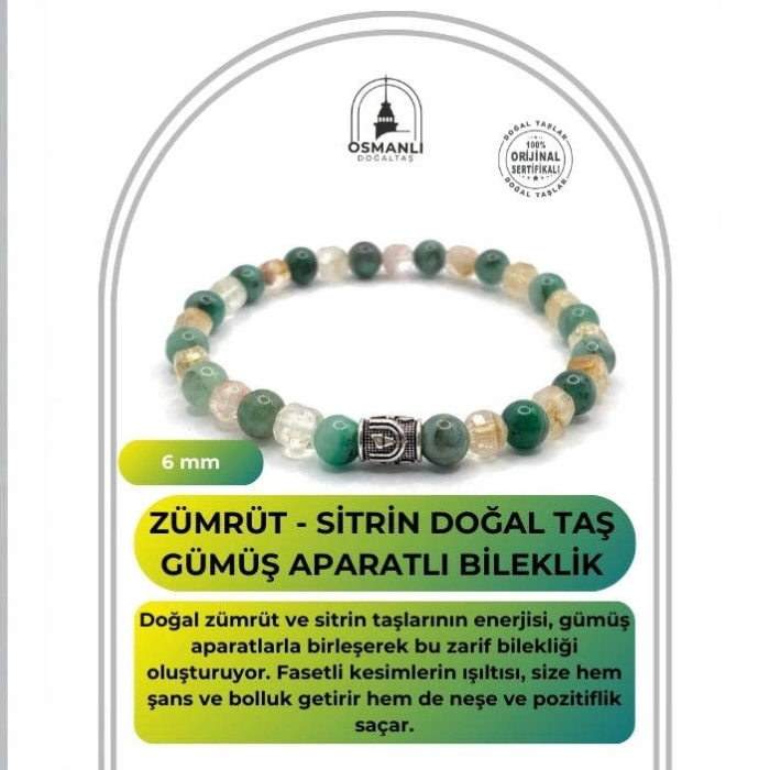Hakiki Doğal Sertifikalı Zümrüt - Sitrin Doğal Taş Gümüş Aparatlı Misinalı Bileklik Fasetli 6mm