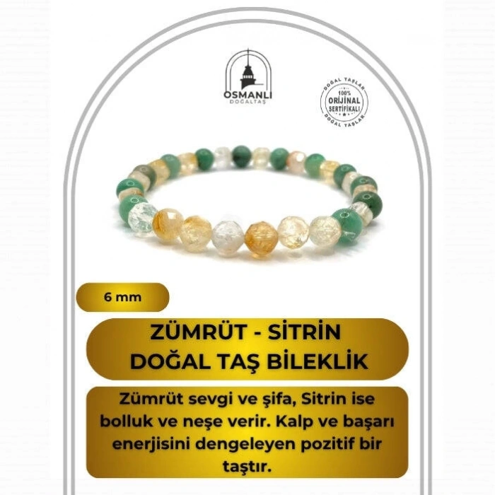 Hakiki Doğal Sertifikalı Zümrüt - Sitrin Doğal Taş Misinalı Bileklik Fasetli 6mm