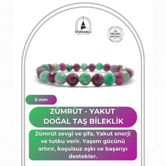 Hakiki Doğal Sertifikalı Zümrüt - Yakut Doğal Taş Misinalı Bileklik Fasetli 6mm