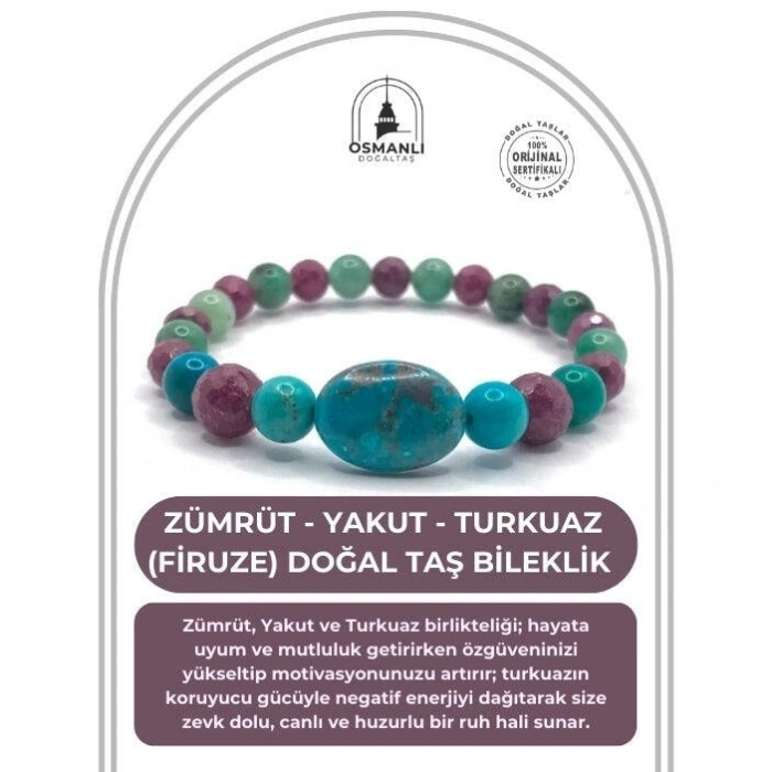 Hakiki Doğal Sertifikalı Zümrüt - Yakut - Turkuaz (Firuze) Doğal Taş Misinalı Bileklik Fasetli 6mm