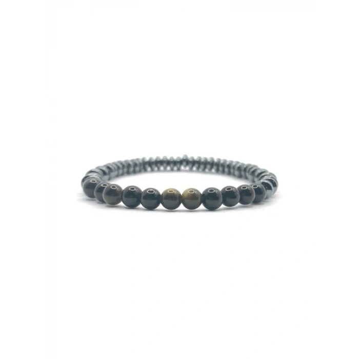 Hakiki Orijinal Sertifikalı 6mm Obsidyen - Hematit Doğal Taş Misinalı Bileklik