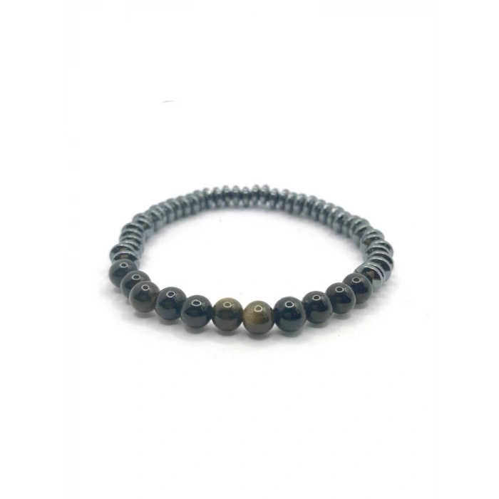 Hakiki Orijinal Sertifikalı 6mm Obsidyen - Hematit Doğal Taş Misinalı Bileklik