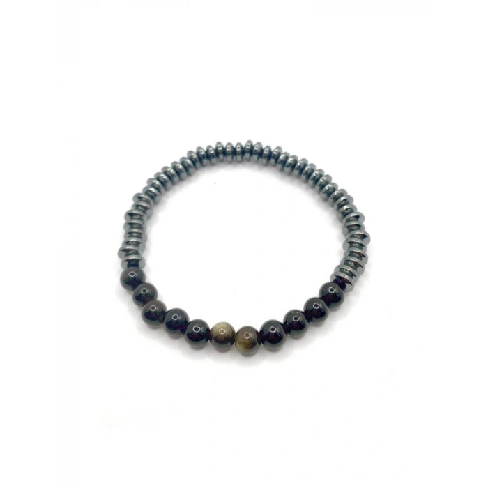 Hakiki Orijinal Sertifikalı 6mm Obsidyen - Hematit Doğal Taş Misinalı Bileklik