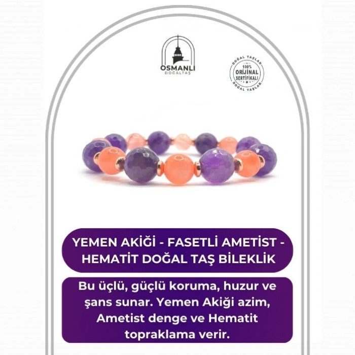 Hakiki Orijinal Sertifikalı Yemen Akiği - Fasetli Ametist  - Hematit Doğal Taş Misinalı Bileklik