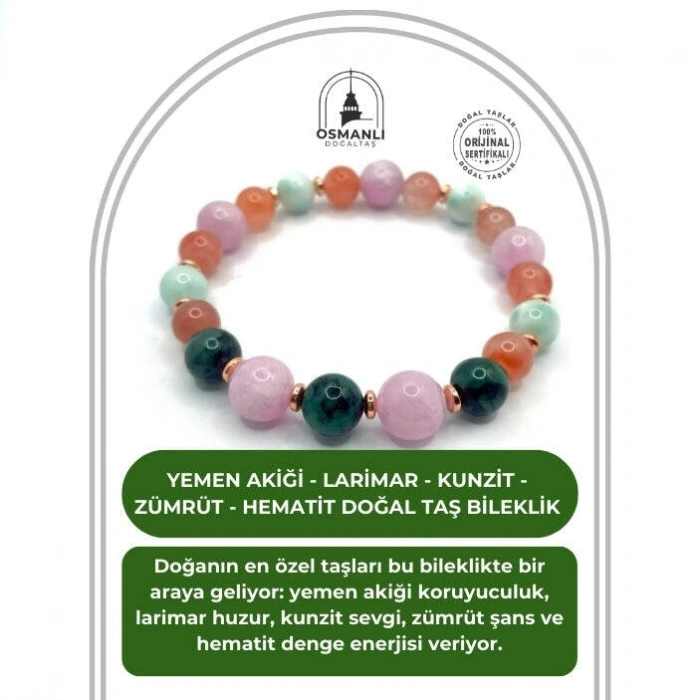 Hakiki Orijinal Sertifikalı Yemen Akiği - Larimar - Kunzit - Zümrüt - Hematit Doğal Taş Misinalı Bileklik