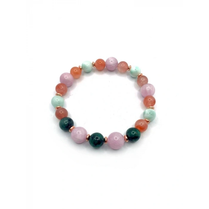 Hakiki Orijinal Sertifikalı Yemen Akiği - Larimar - Kunzit - Zümrüt - Hematit Doğal Taş Misinalı Bileklik