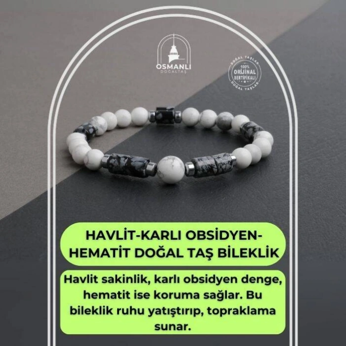 Havlit-Karlı Obsidyen-Hematit Doğal Taş Bileklik