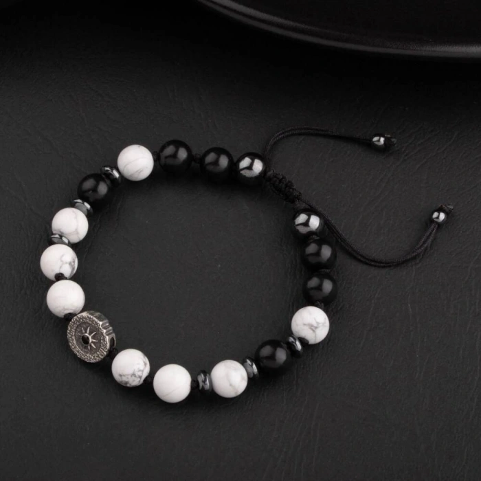 Havlit-Siyah Turmalin-Hematit Doğal Taş Tasarım Gümüş Bileklik- 20-21cm