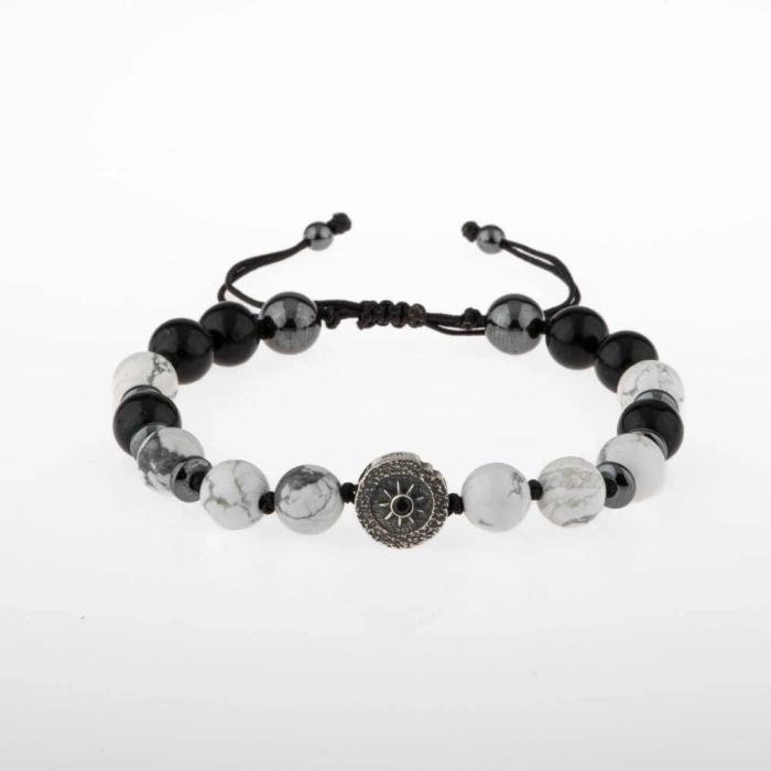 Havlit-Siyah Turmalin-Hematit Doğal Taş Tasarım Gümüş Bileklik- 20-21cm
