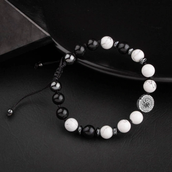 Havlit-Siyah Turmalin-Hematit Doğal Taş Tasarım Gümüş Bileklik- 20-21cm