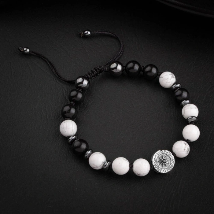 Havlit-Siyah Turmalin-Hematit Doğal Taş Tasarım Gümüş Bileklik- 20-21cm