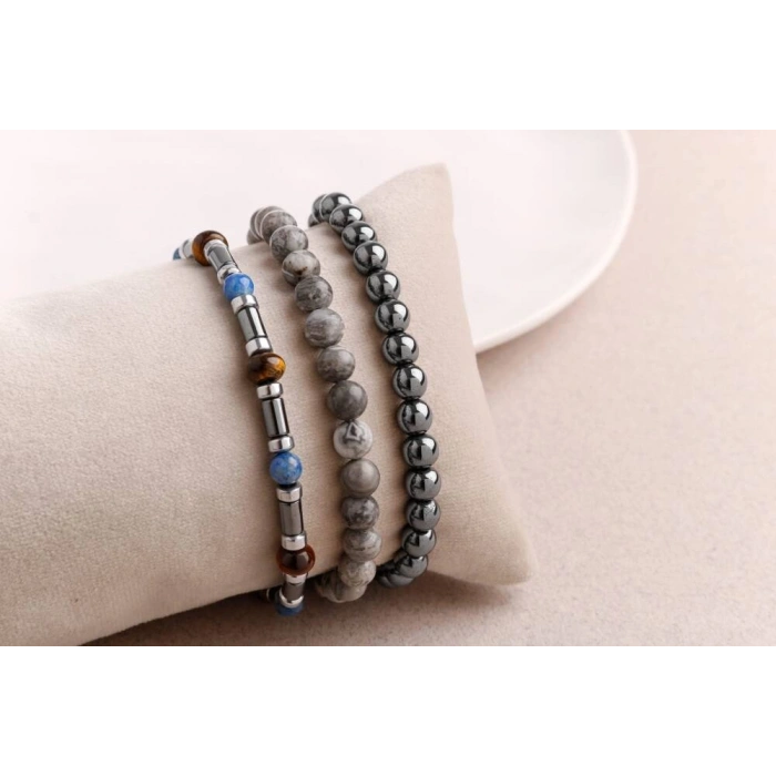 Hematit-Gri Jasper-Kaplan Gözü Erkek Doğal Taş Bileklik Seti
