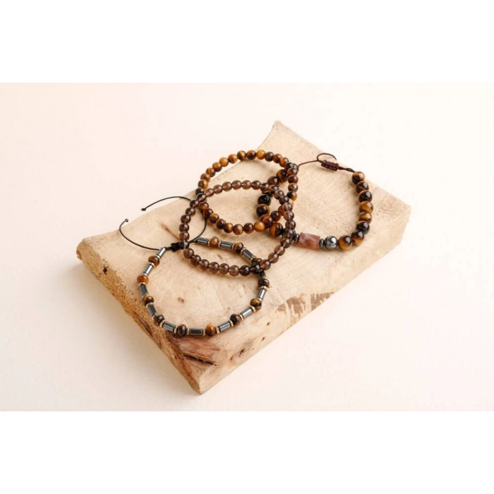 Hematit-Kaplan Gözü-Dumanlı Kuvars Erkek Doğal Taş Bileklik Seti