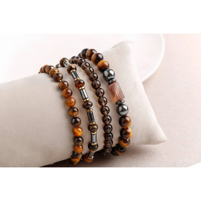 Hematit-Kaplan Gözü-Dumanlı Kuvars Erkek Doğal Taş Bileklik Seti