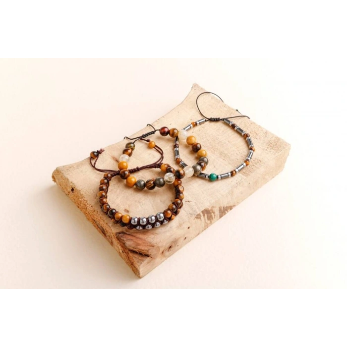 Hematit-Kaplan Gözü-Malakit-Pirit Erkek Doğal Taş Bileklik Seti