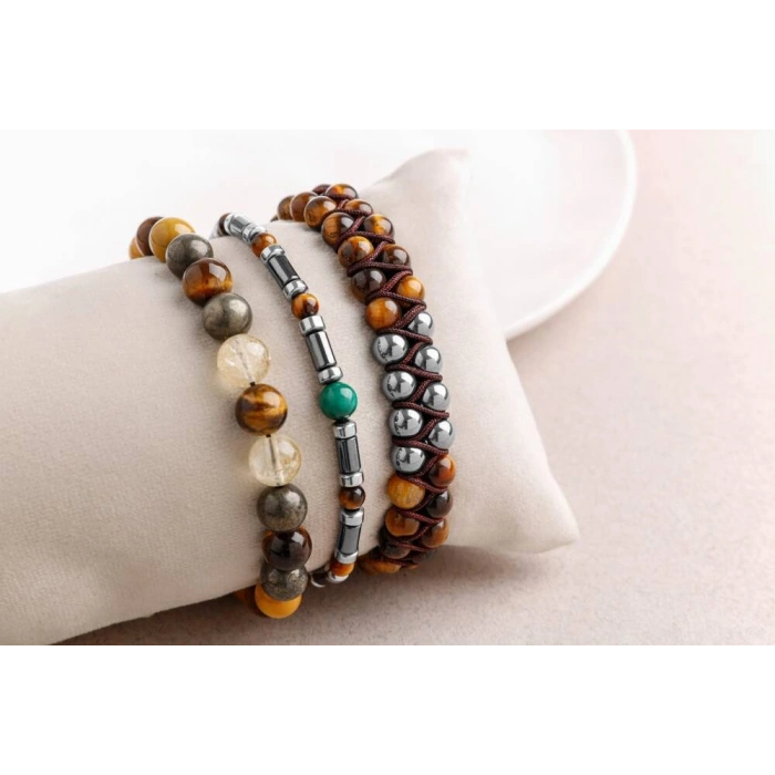 Hematit-Kaplan Gözü-Malakit-Pirit Erkek Doğal Taş Bileklik Seti