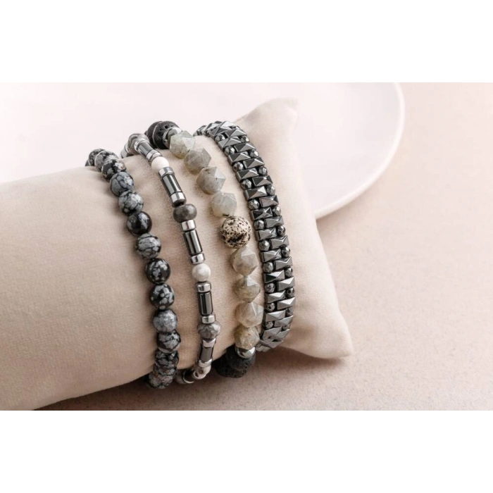 Hematit-Lav-Obsidyen-Labradorit Erkek Doğal Taş Bileklik Seti