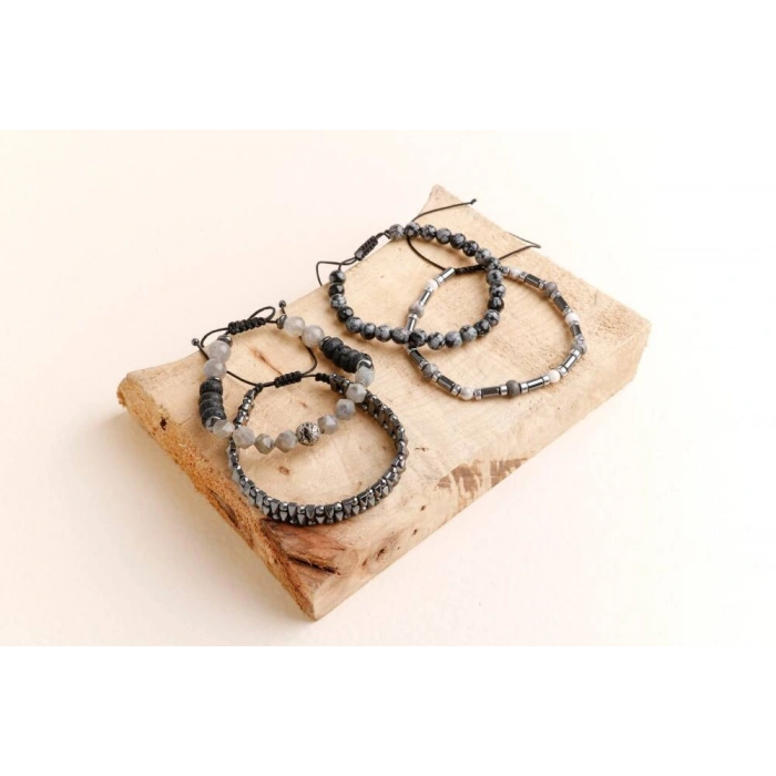 Hematit-Lav-Obsidyen-Labradorit Erkek Doğal Taş Bileklik Seti