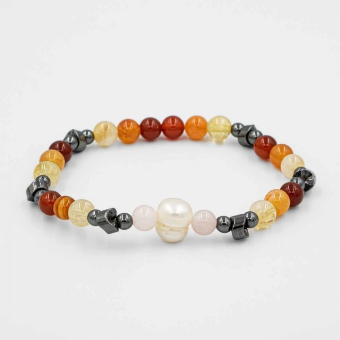 Hematit-Pembe Kuvars-İnci-Sitrin-Karnelyan Akik-Kırmızı Akik Doğal Taş Bileklik