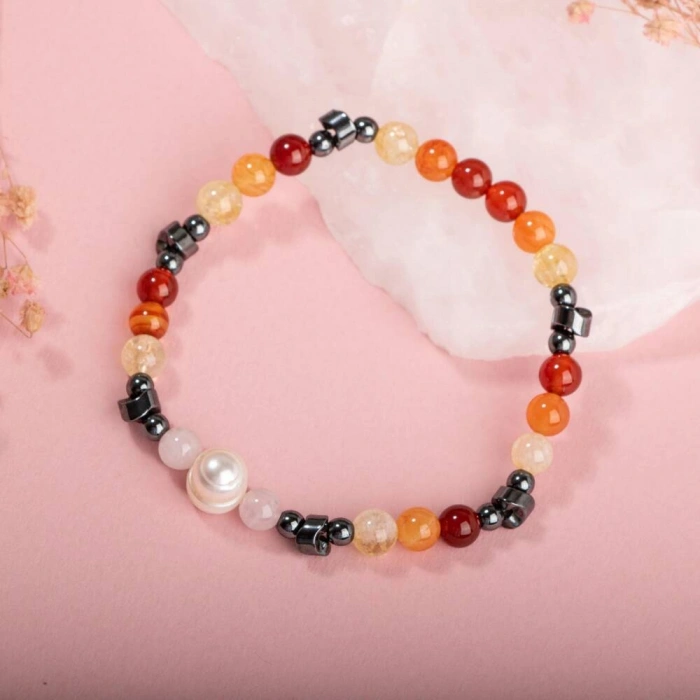Hematit-Pembe Kuvars-İnci-Sitrin-Karnelyan Akik-Kırmızı Akik Doğal Taş Bileklik