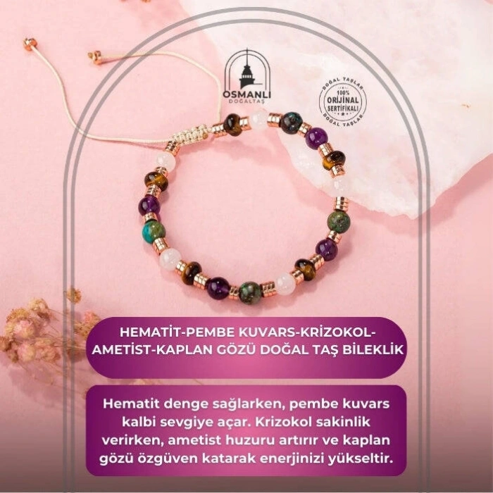 Hematit-Pembe Kuvars-Krizokol-Ametist-Kaplan Gözü Doğal Taş Bileklik