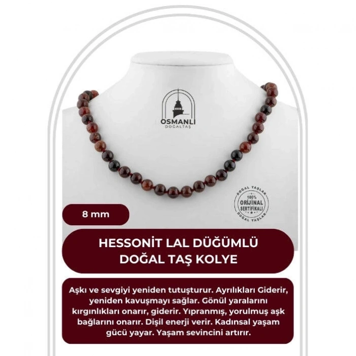 Hessonit Lal 8 mm Düğümlü Doğal Taş Kolye