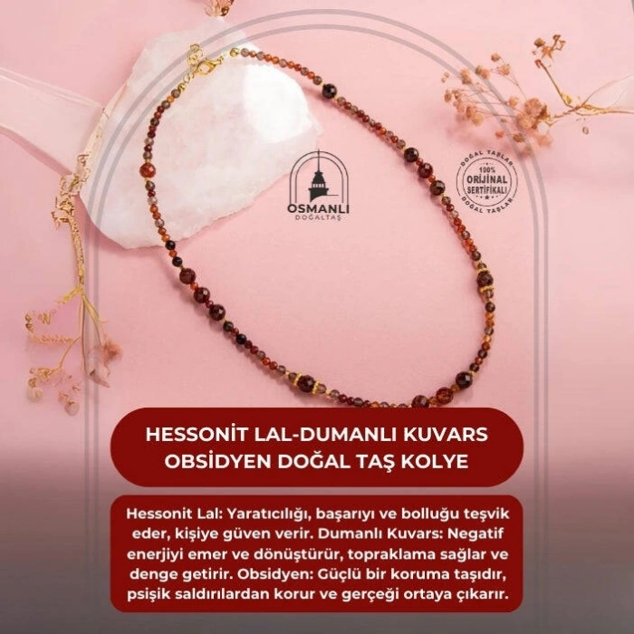 Hessonit Lal-Dumanlı Kuvars-Obsidyen Doğal Taş Kolye
