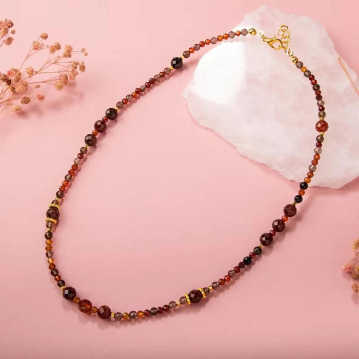 Hessonit Lal-Dumanlı Kuvars-Obsidyen Doğal Taş Kolye