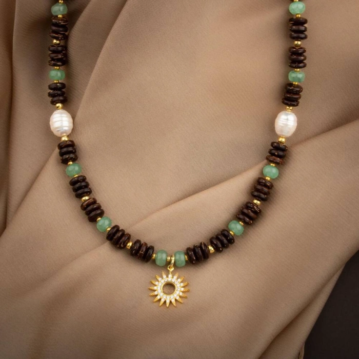 Hindistan Cevizi Kabuğu-Yeşil Aventurin-İnci Doğal Taş Gümüş Tasarım Kolye - 54cm