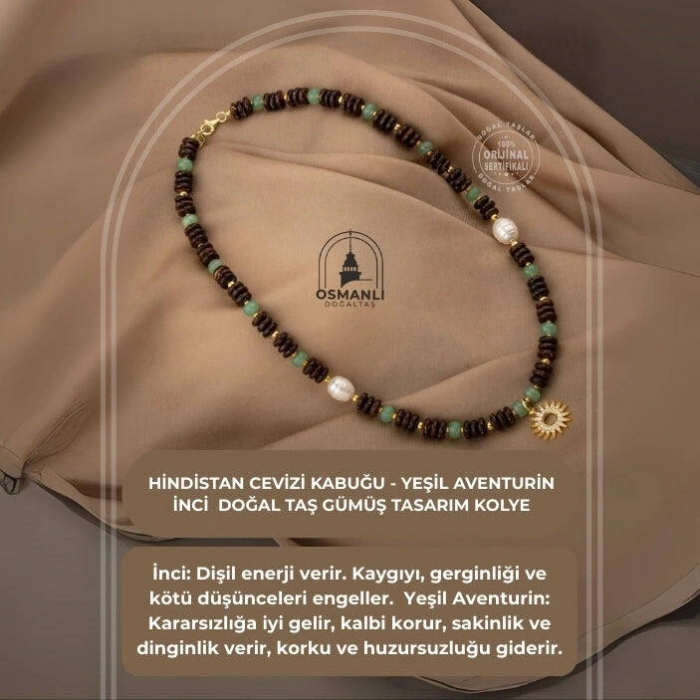 Hindistan Cevizi Kabuğu-Yeşil Aventurin-İnci Doğal Taş Gümüş Tasarım Kolye - 54cm