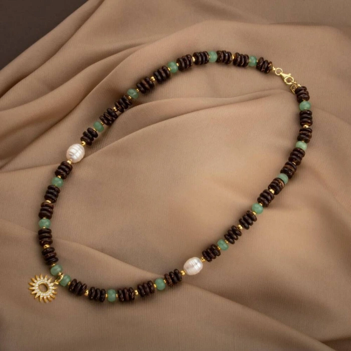 Hindistan Cevizi Kabuğu-Yeşil Aventurin-İnci Doğal Taş Gümüş Tasarım Kolye - 54cm