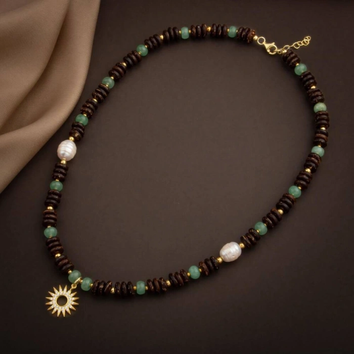 Hindistan Cevizi Kabuğu-Yeşil Aventurin-İnci Doğal Taş Gümüş Tasarım Kolye - 54cm