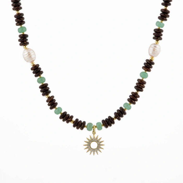 Hindistan Cevizi Kabuğu-Yeşil Aventurin-İnci Doğal Taş Gümüş Tasarım Kolye - 54cm