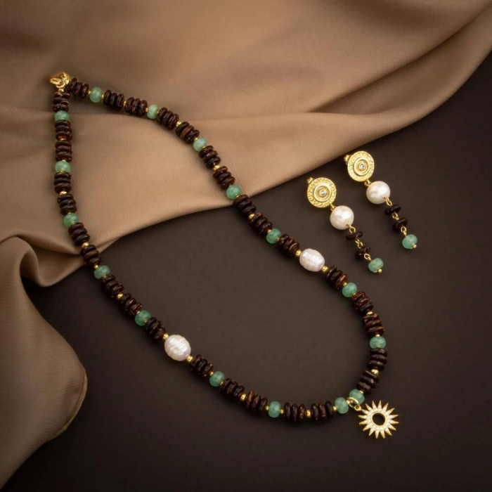 Hindistan Cevizi Kabuğu-Yeşil Aventurin-İnci Doğal Taş Gümüş Tasarım Kolye Küpe Seti