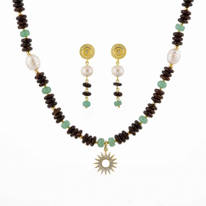 Hindistan Cevizi Kabuğu-Yeşil Aventurin-İnci Doğal Taş Gümüş Tasarım Kolye Küpe Seti