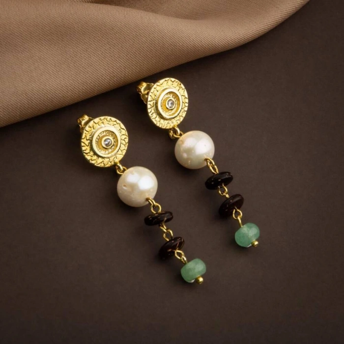 Hindistan Cevizi Kabuğu-Yeşil Aventurin-İnci Doğal Taş Gümüş Tasarım Kolye Küpe Seti