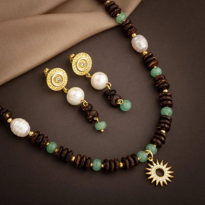 Hindistan Cevizi Kabuğu-Yeşil Aventurin-İnci Doğal Taş Gümüş Tasarım Kolye Küpe Seti