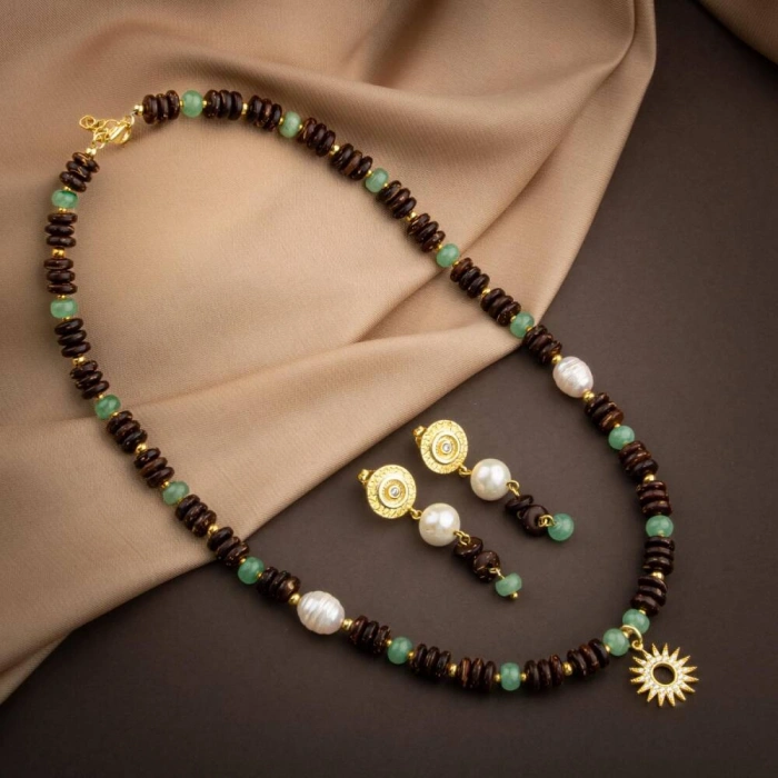 Hindistan Cevizi Kabuğu-Yeşil Aventurin-İnci Doğal Taş Gümüş Tasarım Kolye Küpe Seti