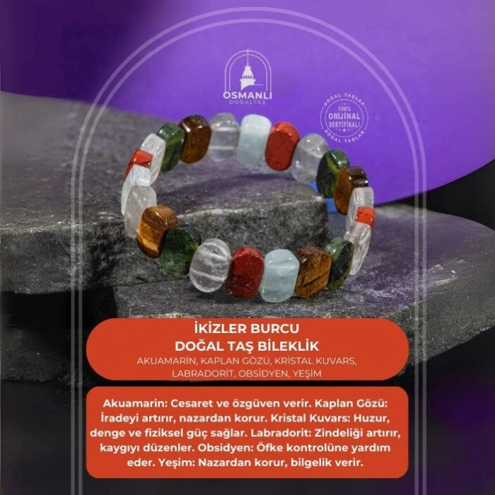İkizler Burcu Bileklik Akuamarin, Kaplan Gözü, Kristal Kuvars, Labradorit, Obsidyen, Yeşim