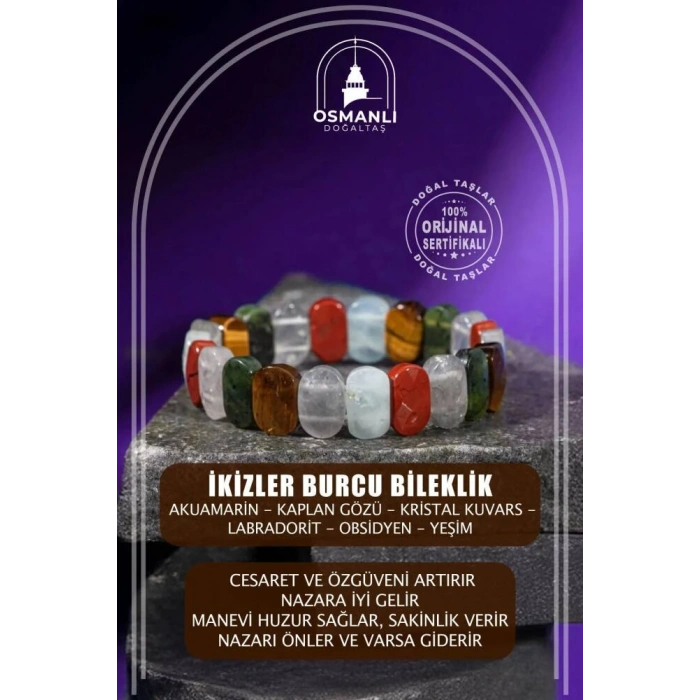 İkizler Burcu Bileklik Akuamarin, Kaplan Gözü, Kristal Kuvars, Labradorit, Obsidyen, Yeşim