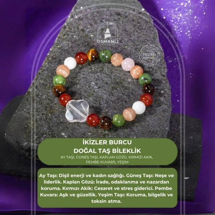 İkizler Burcu Bileklik Ay Taşı, Güneş Taşı, Kaplan Gözü, Kırmızı Akik, Pembe Kuvars, Yeşim