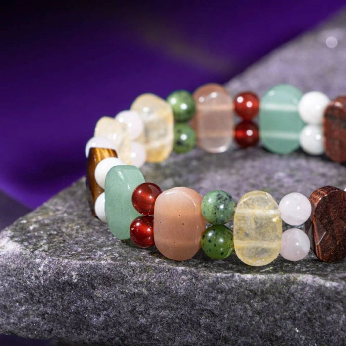 İkizler Burcu Bileklik Ay Taşı, Güneş Taşı, Kaplan Gözü, Pembe Kuvars, Sitrin, Yeşil Aventurin, Yeşim