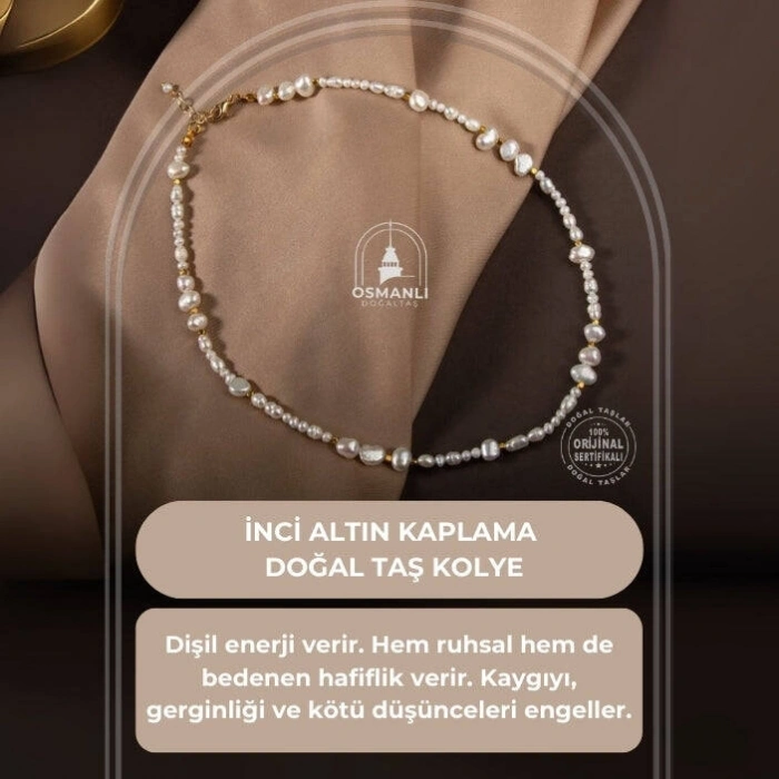 İnci Altın Kaplama Doğal Taş Kolye