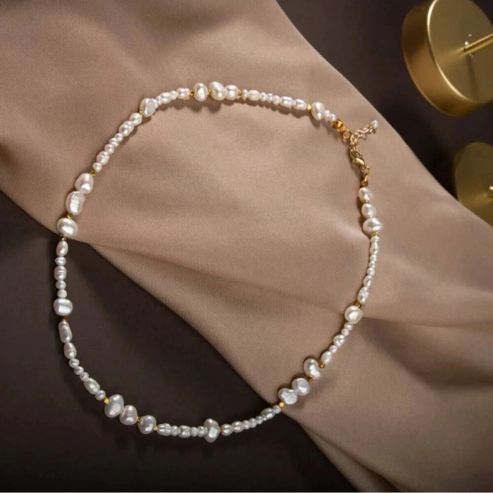 İnci Altın Kaplama Doğal Taş Kolye