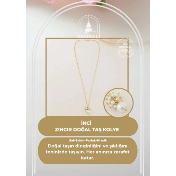 İnci Altın Kaplama Zincir Doğal Taş Kolye