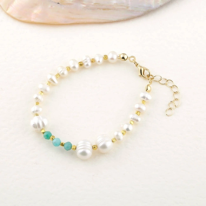İnci-Amazonit Doğal Taş Altın Kaplama Kapama Bileklik